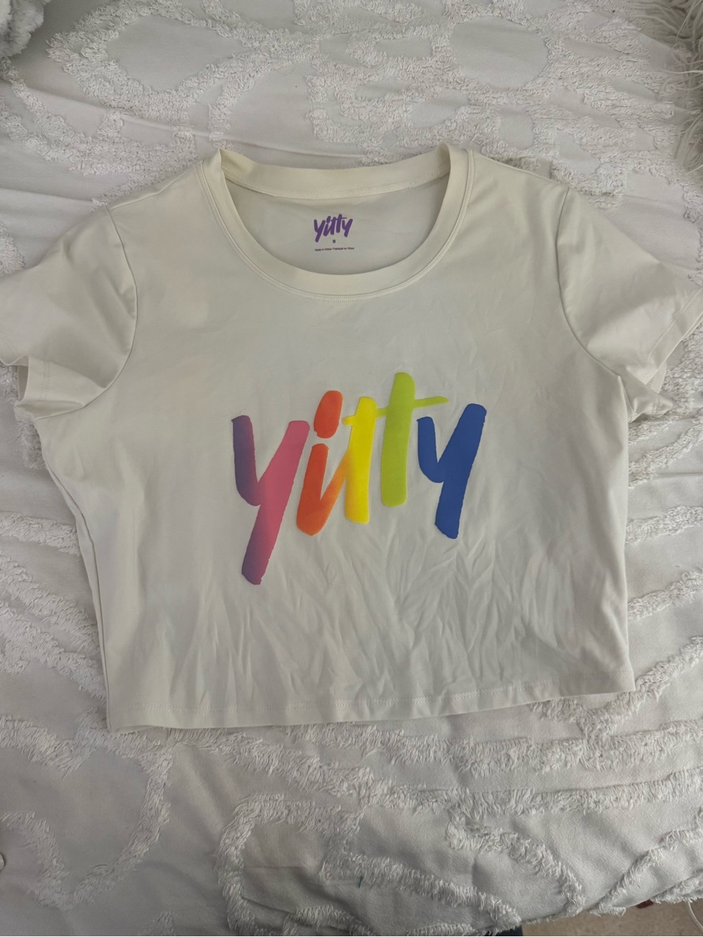 YITTY White Crop Tee with Rainbow Script Logo